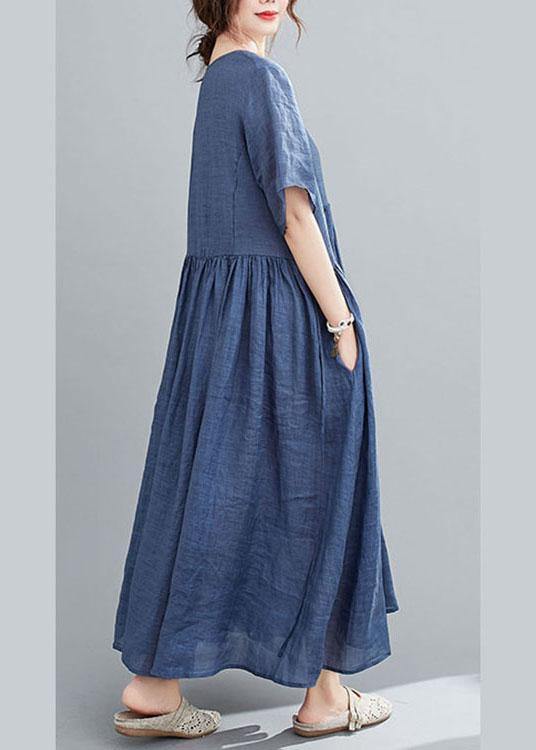 Blue Pockets Maxi Dresses Short Sleeve Summer