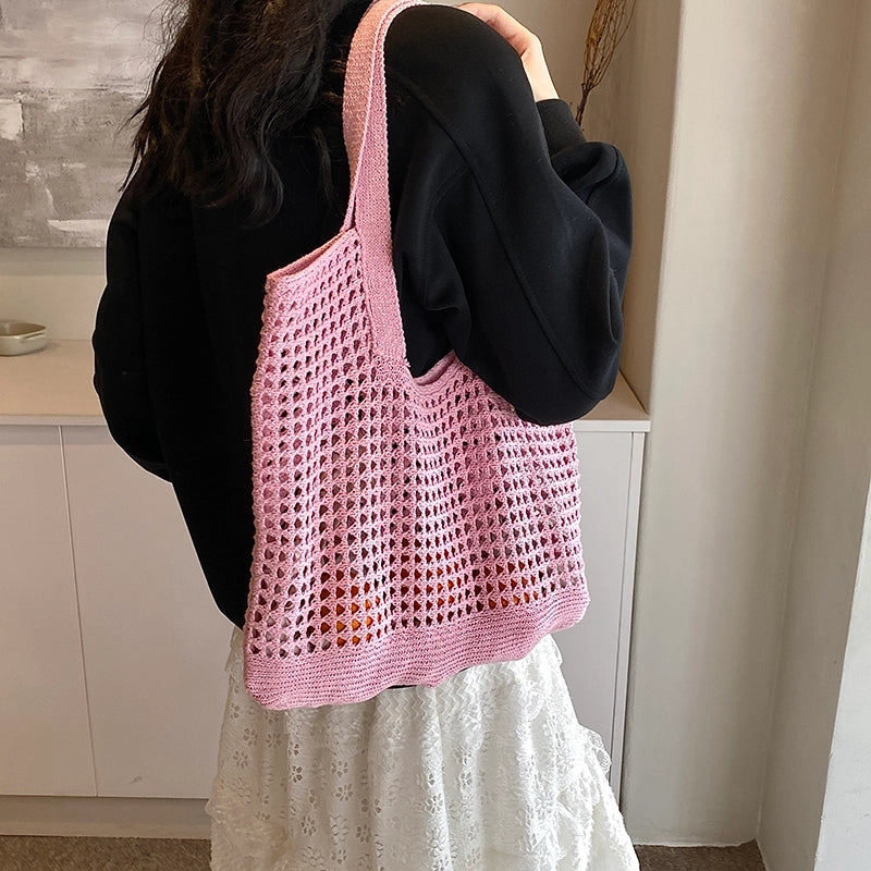 Women's Medium Knit Solid Color Basic Classic Style Hollow Square Open Shoulder Bag