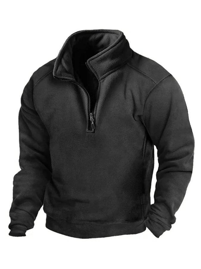 Western Style Stand Collar Zipper Solid Color Men's Sweatshirt