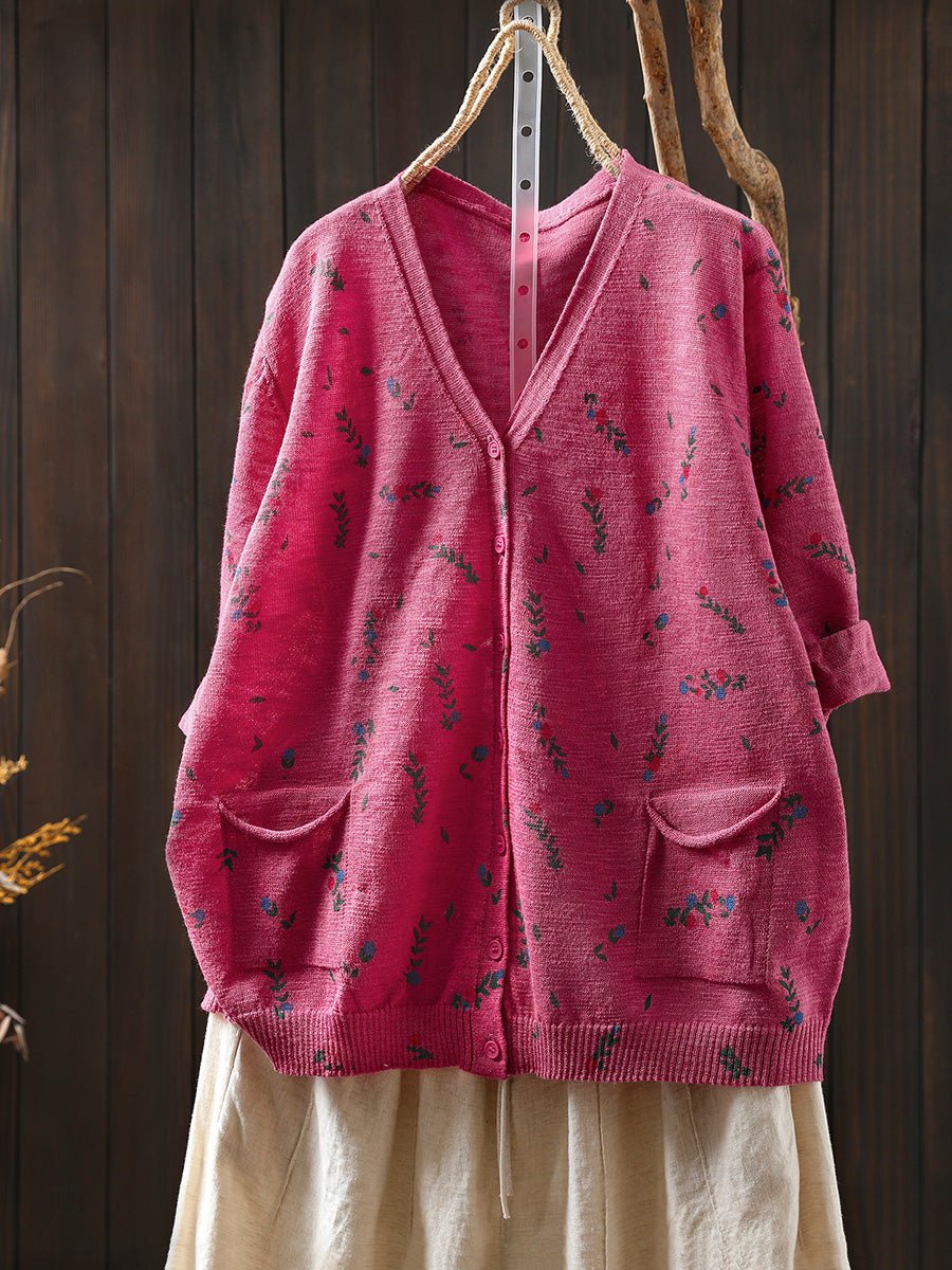 Women Summer Artsy Floral Knitted V-Neck Cotton Shirt