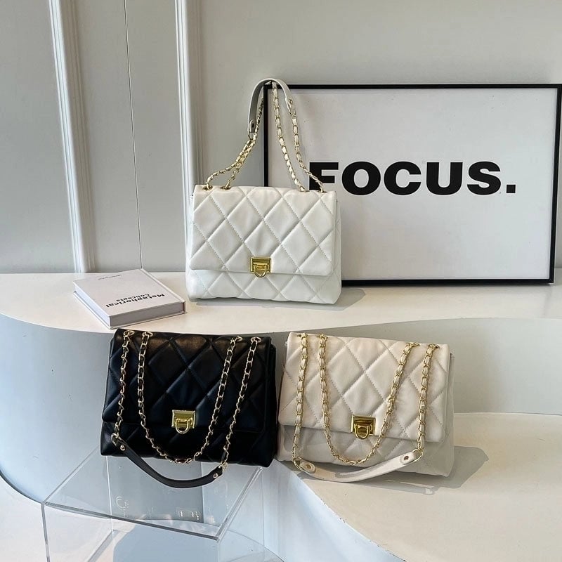 Women's Pu Plaid Solid Color Streetwear Sewing Thread Chain Lock Clasp Crossbody Bag