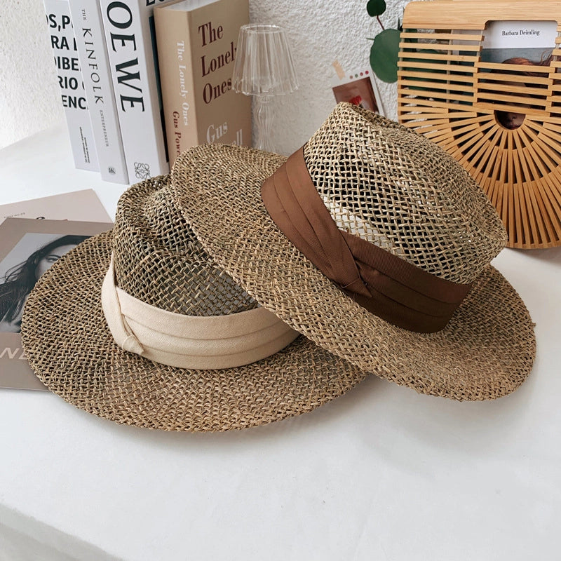 New Style Beach Travel And Vacation Straw Hat Concave Shape Travel Hat Handmade Seaweed Sun Hat For Men And Women