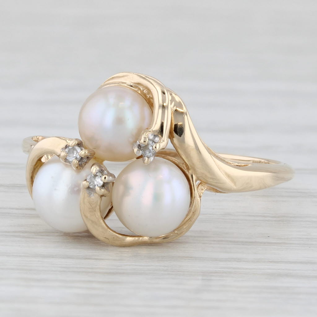 Cultured Pearl 3-Stone Diamond Ring 10k Yellow Gold Size 7.5