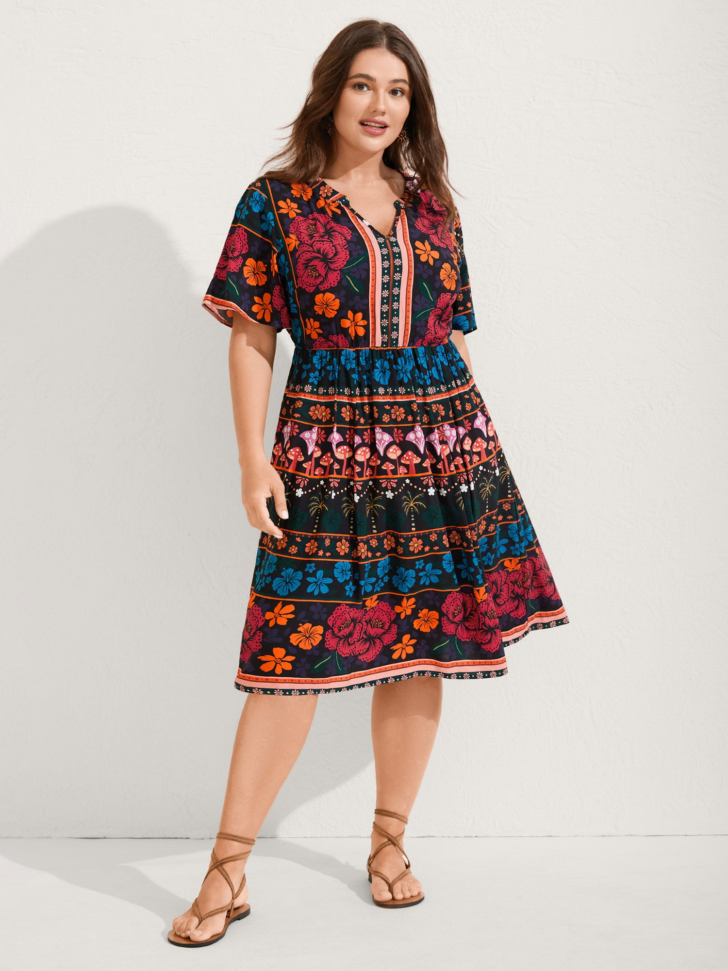 Boho Floral Print Notched Collar Midi Dress