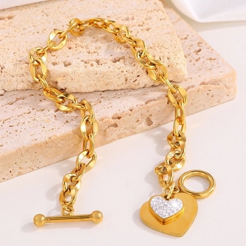 Luxurious Classic Style Shiny Heart Shape Titanium Steel 18K Gold Plated Artificial Rhinestones Bracelets In Bulk