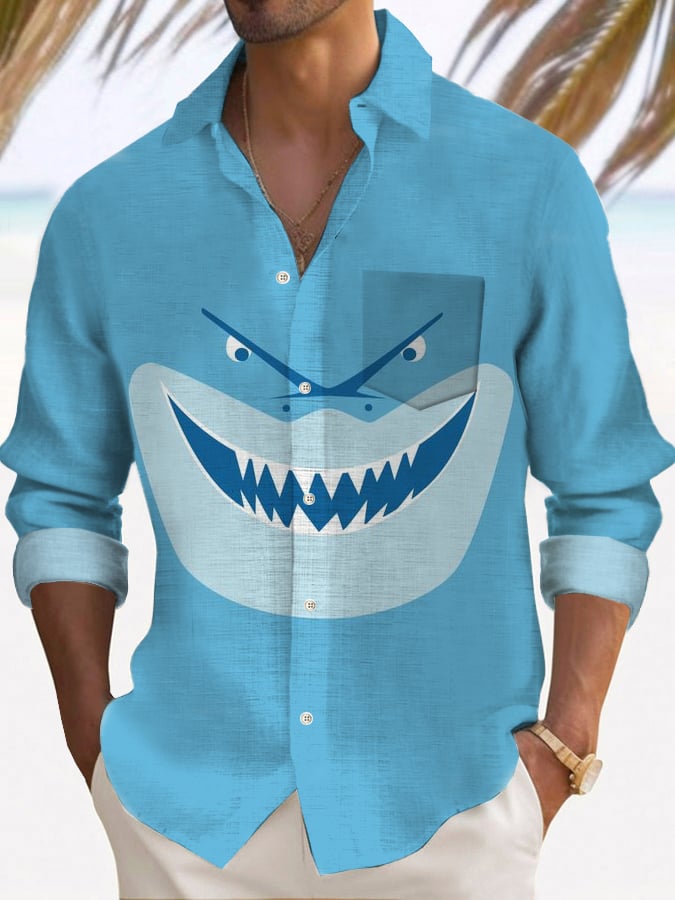 Men's Shark Art Print Design Casual Long Sleeve Shirt