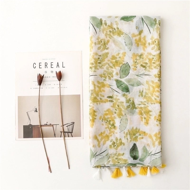 Yarn Cotton Fruit Green Bright Yellow Leaf Printing Tassel Scarf Shawl