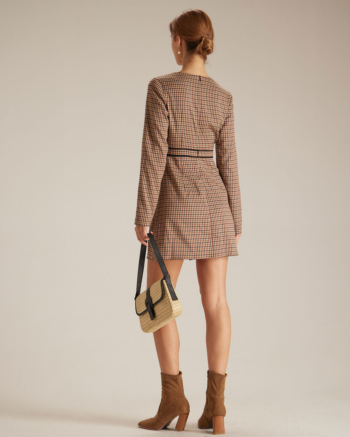 The Brown Round Neck Plaid Button Mini Dress