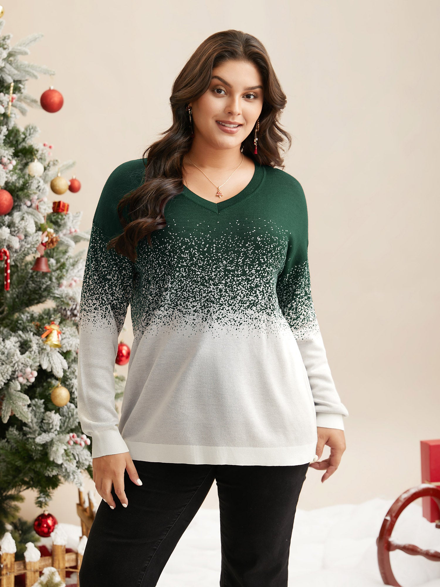 Holiday Gradient Jacquard Pattern V-neck Pullover