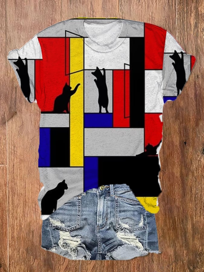 Women's Mondrian Cat Print T-Shirt