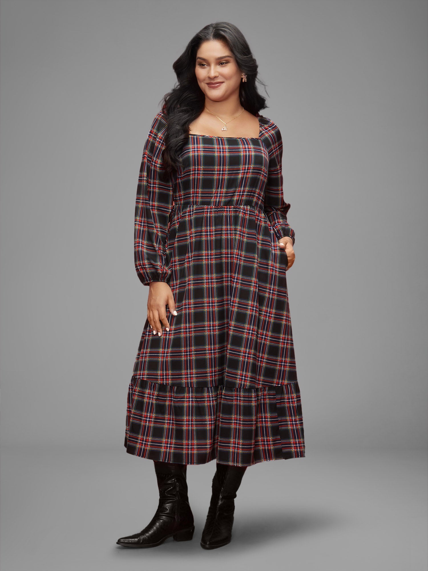 Plaid Square Neckline Puffy Sleeve Midi Dress