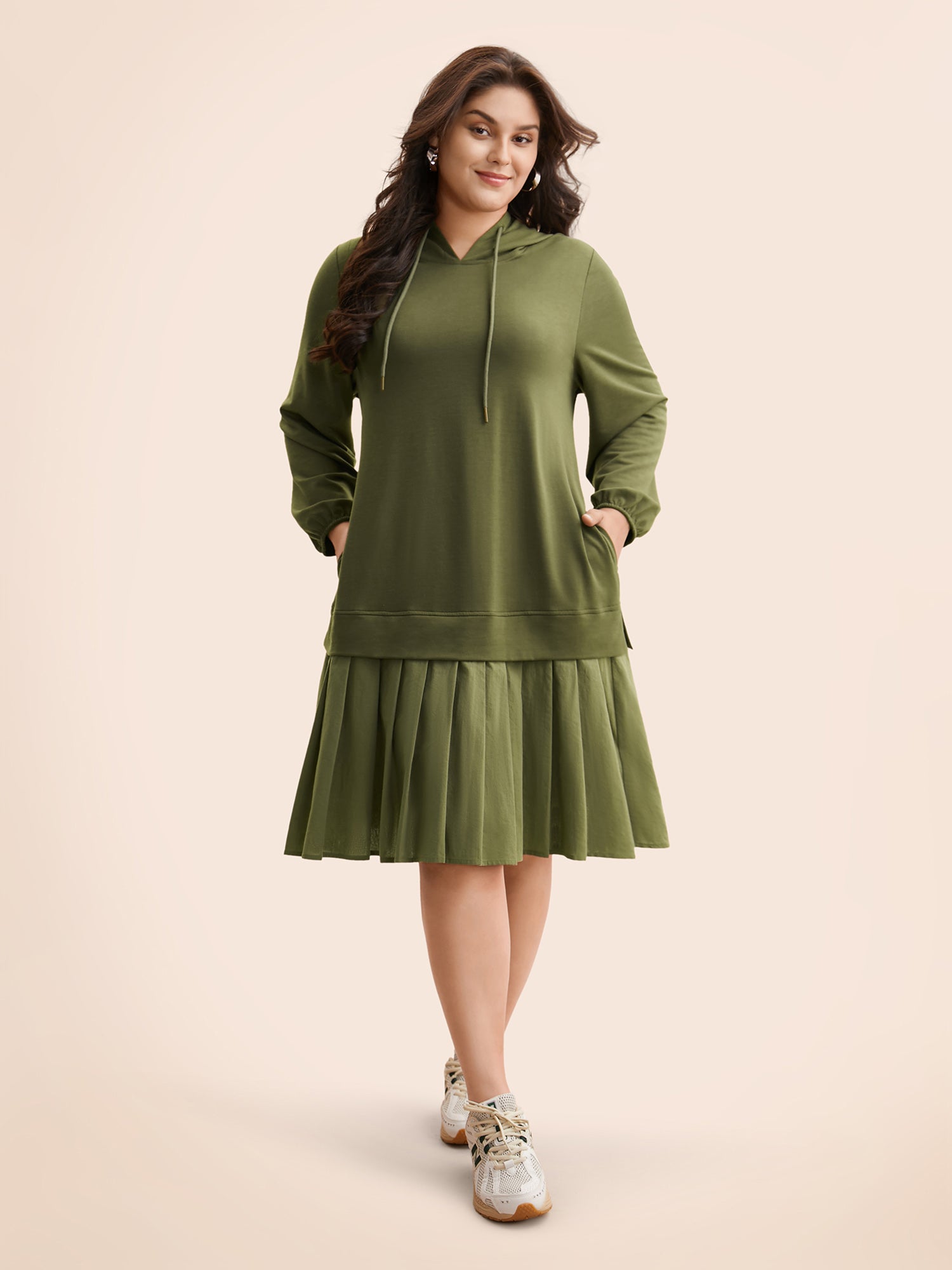 Patchwork Pleated Hooded Drawstring Dress