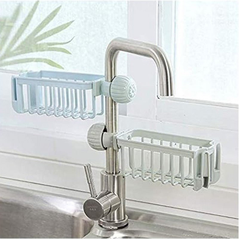 Kitchen Faucet Sponge Holder Sink Caddy Organizer Drain Rack Storage Shelf With Towel Hanger