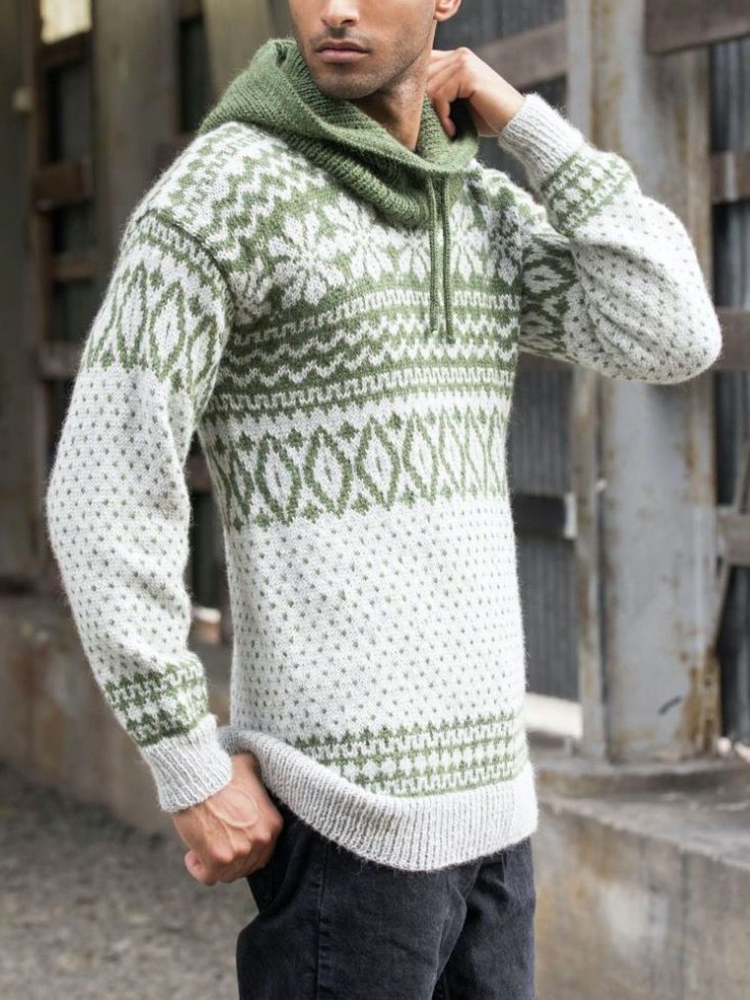 Men'S Vintage Knitted Jacquard Hooded Sweater