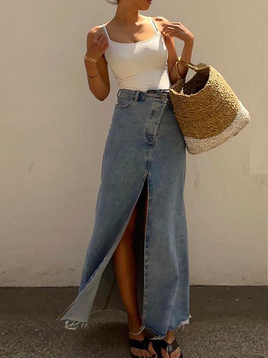 Raw Hem High Slit Maxi Denim Skirt
