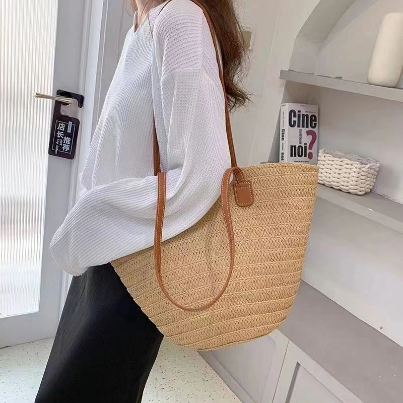 Women's Large Straw Solid Color Vacation Beach Weave Zipper Straw Bag