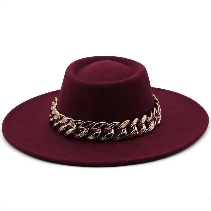 New Retro Ethnic Style 9.5 Brim Wool Woolen Felt Hat Concave Top Men's And Women's Top Hat Large Brim Thick Gold Chain Hat