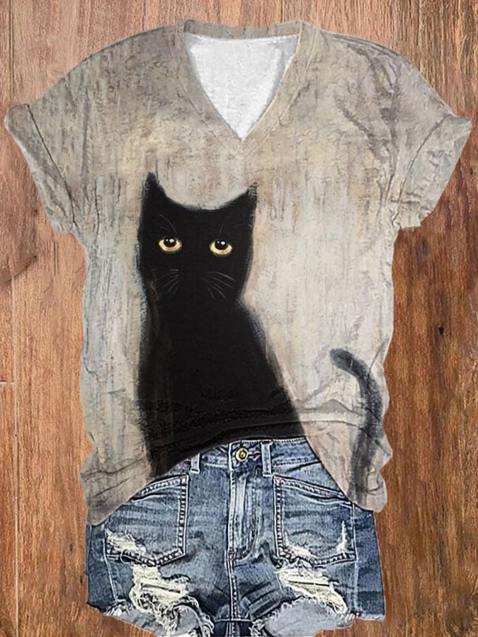 Women's Black Cat Print T-Shirt