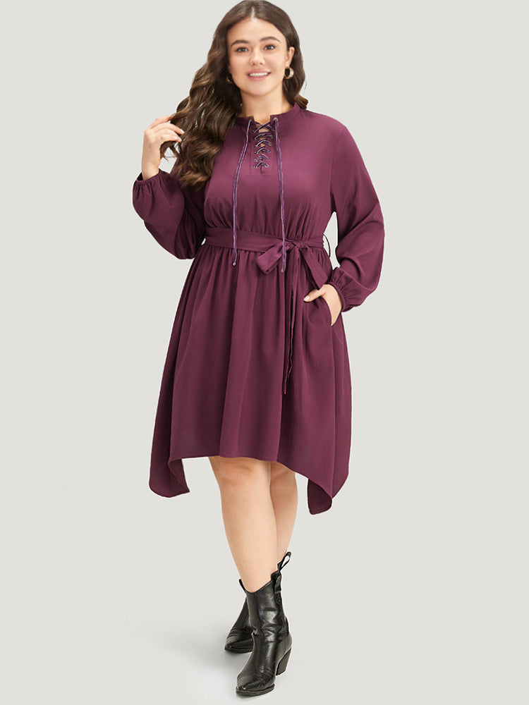 Halloween Plain Lantern Sleeve Belted Lace Up Asymmetrical Hem Dress
