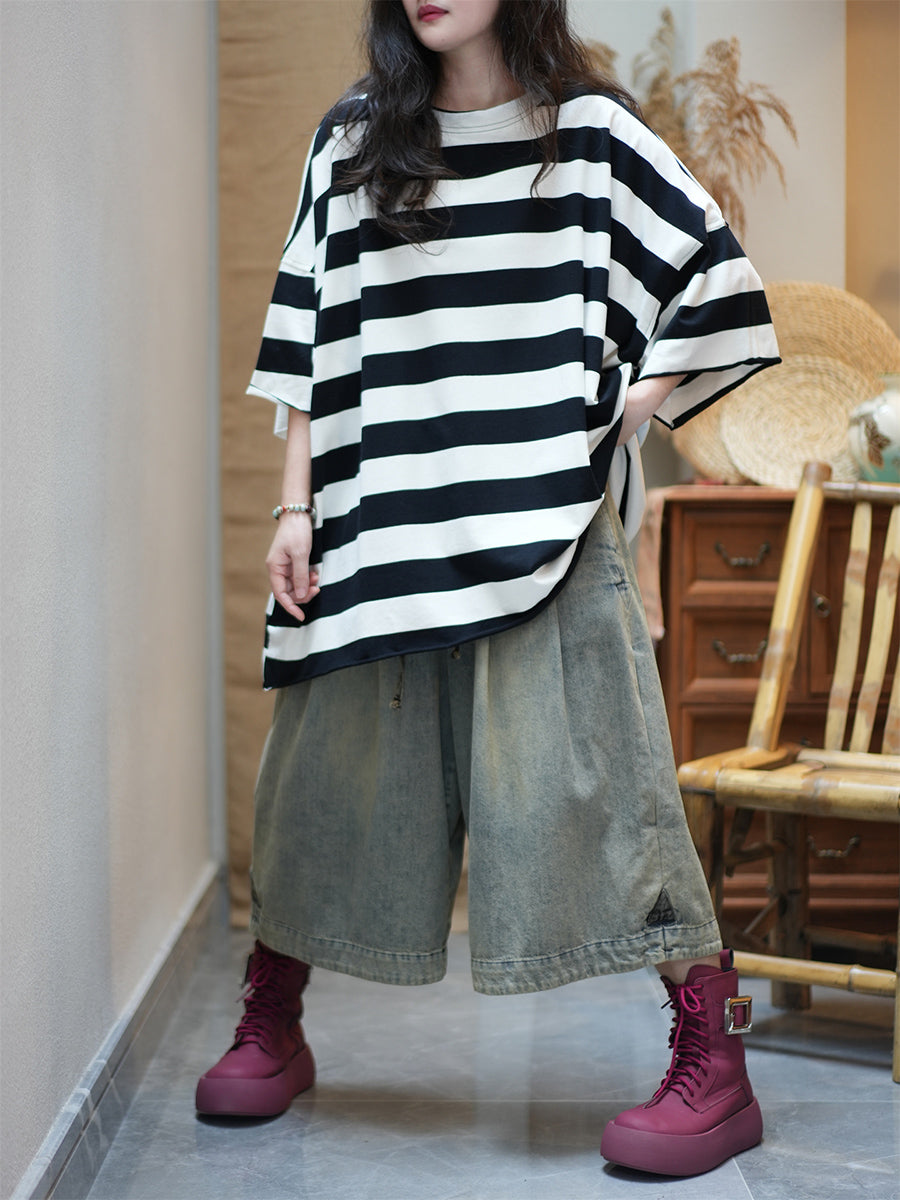 Women Summer Casual Stripe O-Neck Cotton Shirt