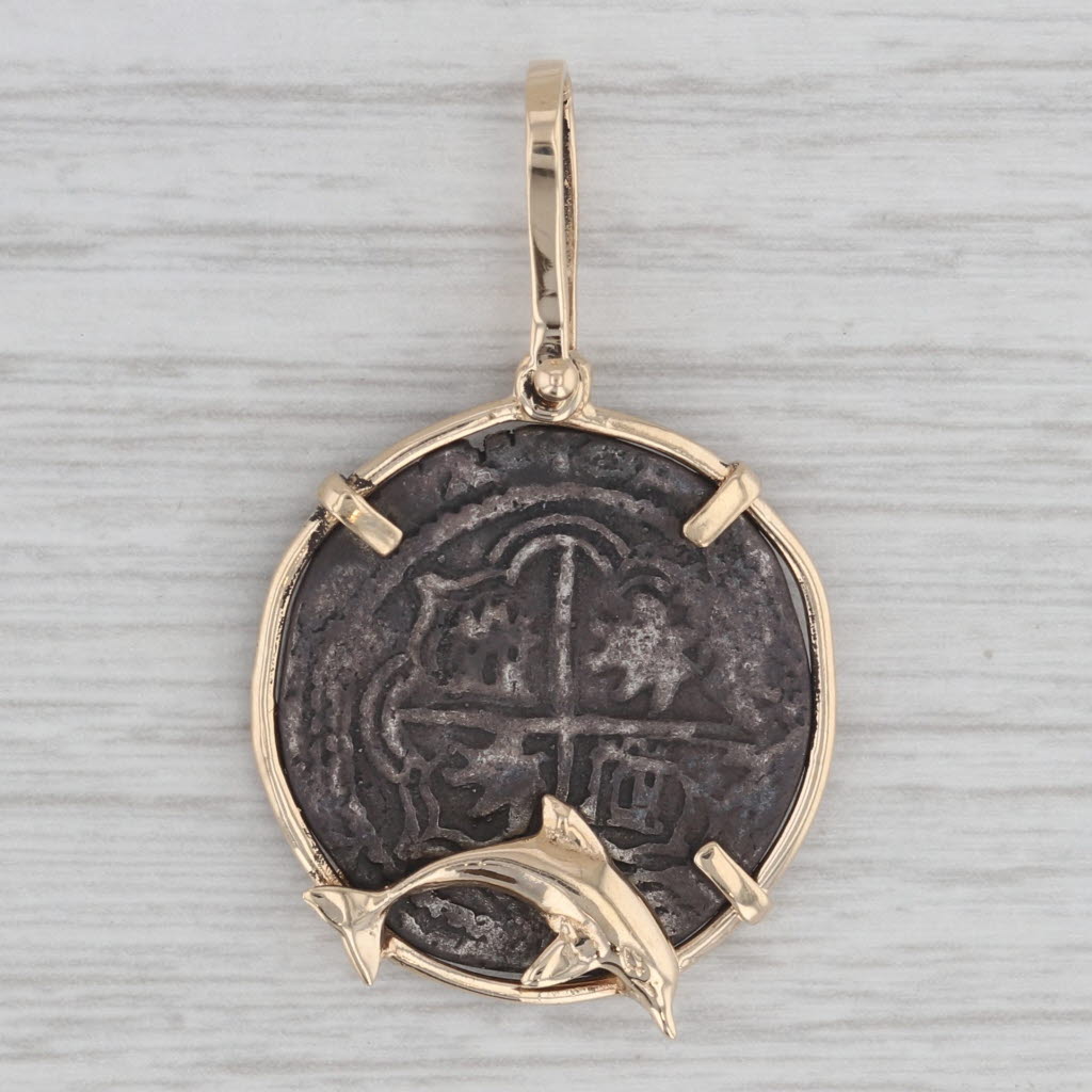 Ancient Coin Copy Dolphin Bezel Pendant 14k Gold Silver Nautical Jewelry