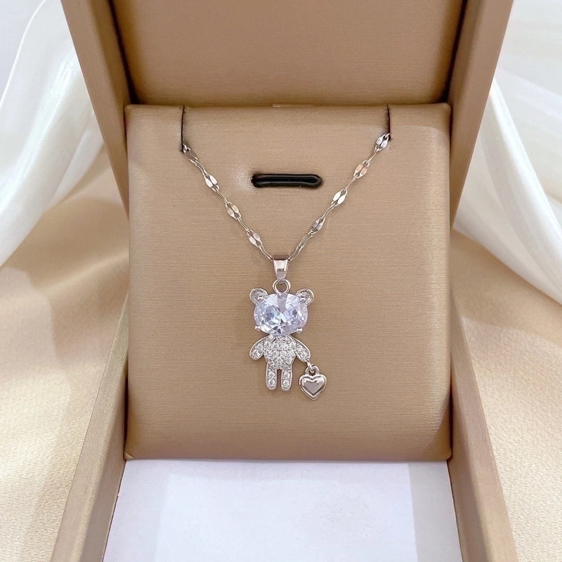 Minimalist Bear Titanium Steel Copper Plating Inlay Zircon Pendant Necklace