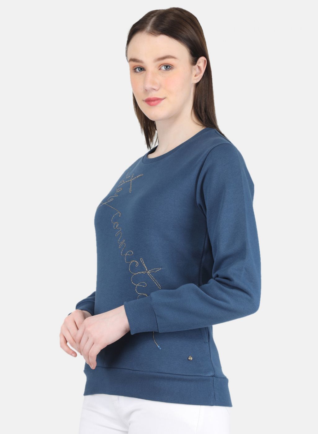 Women Blue Embroidered Round Neck Full Sleeve Sweatshirt