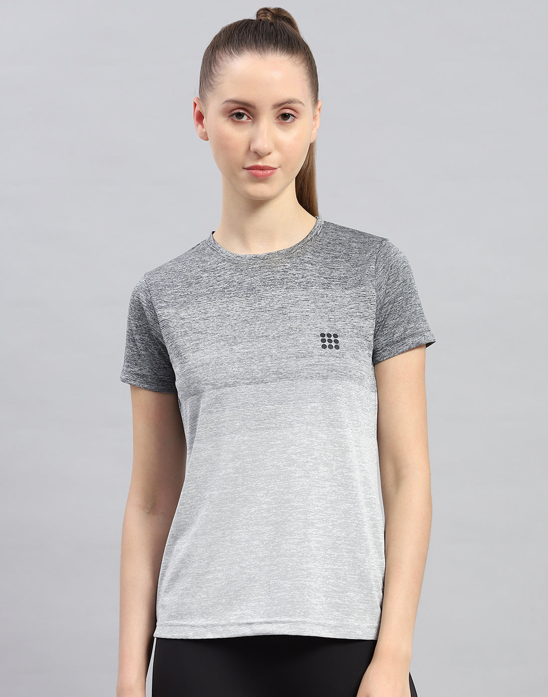 Women Grey Stripe Round Neck Half Sleeve Top
