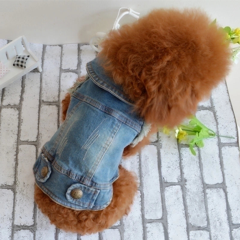 Shell Pet Dog Dog Clothes Teddy Vip Bichon Pet Autumn And Winter Clothing Retro Scratch Pattern Personalized Denim Vest