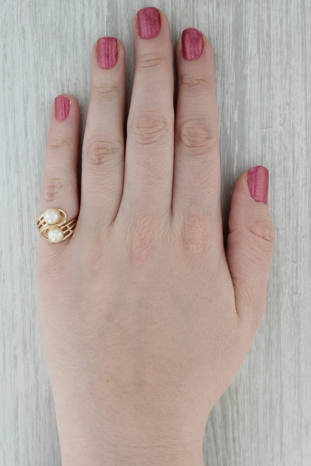 Cultured Pearl Bypass Ring 14k Yellow Gold Size 7