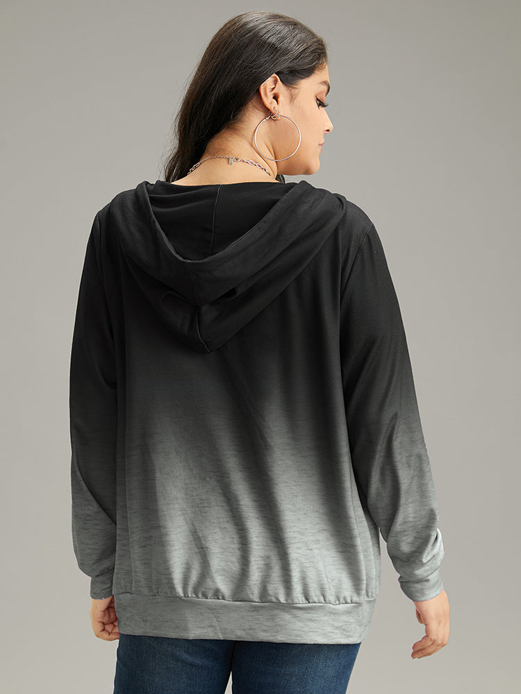 Ombre Hooded Zipper Drawstring Sweatshirt