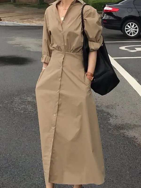Loose Puff Sleeves Pleated Solid Color Split-Joint Lapel Maxi Dresses Shirt Dress