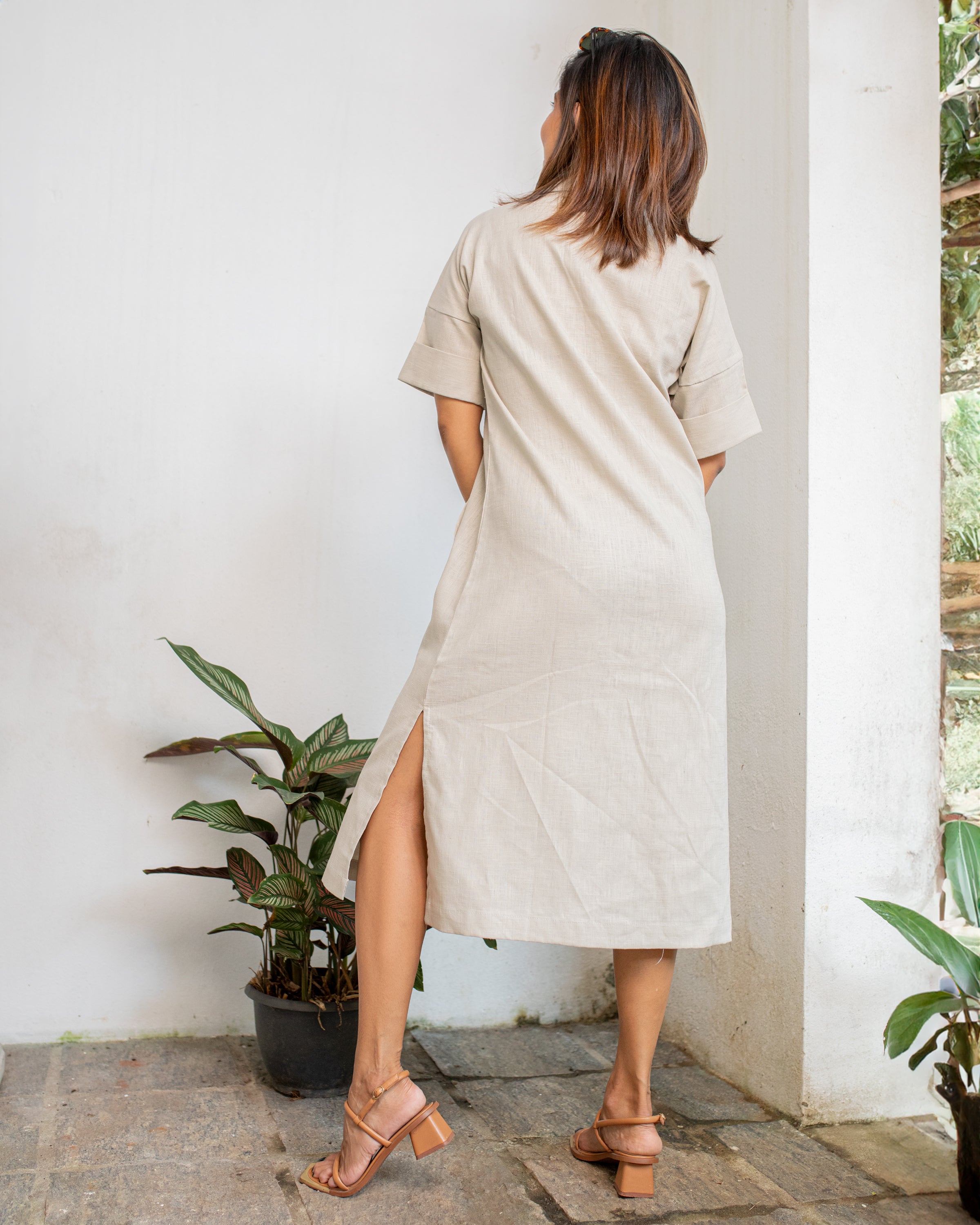 Lara Button Down Midi Dress -Sand