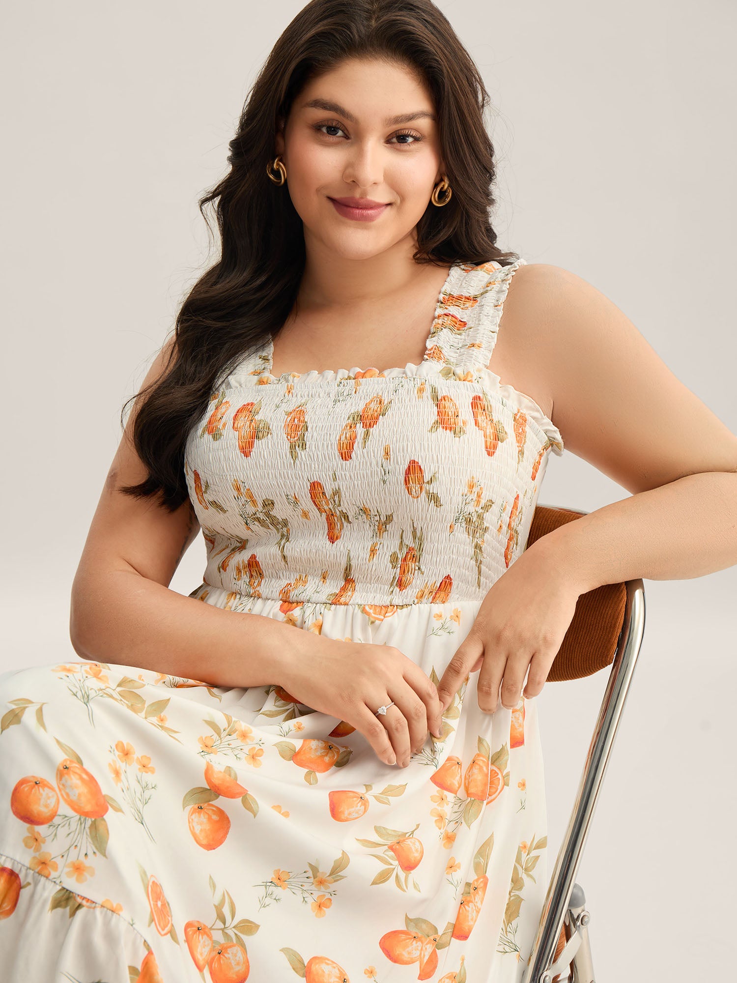 Citrus Print Shirred Pockets Midi Dress