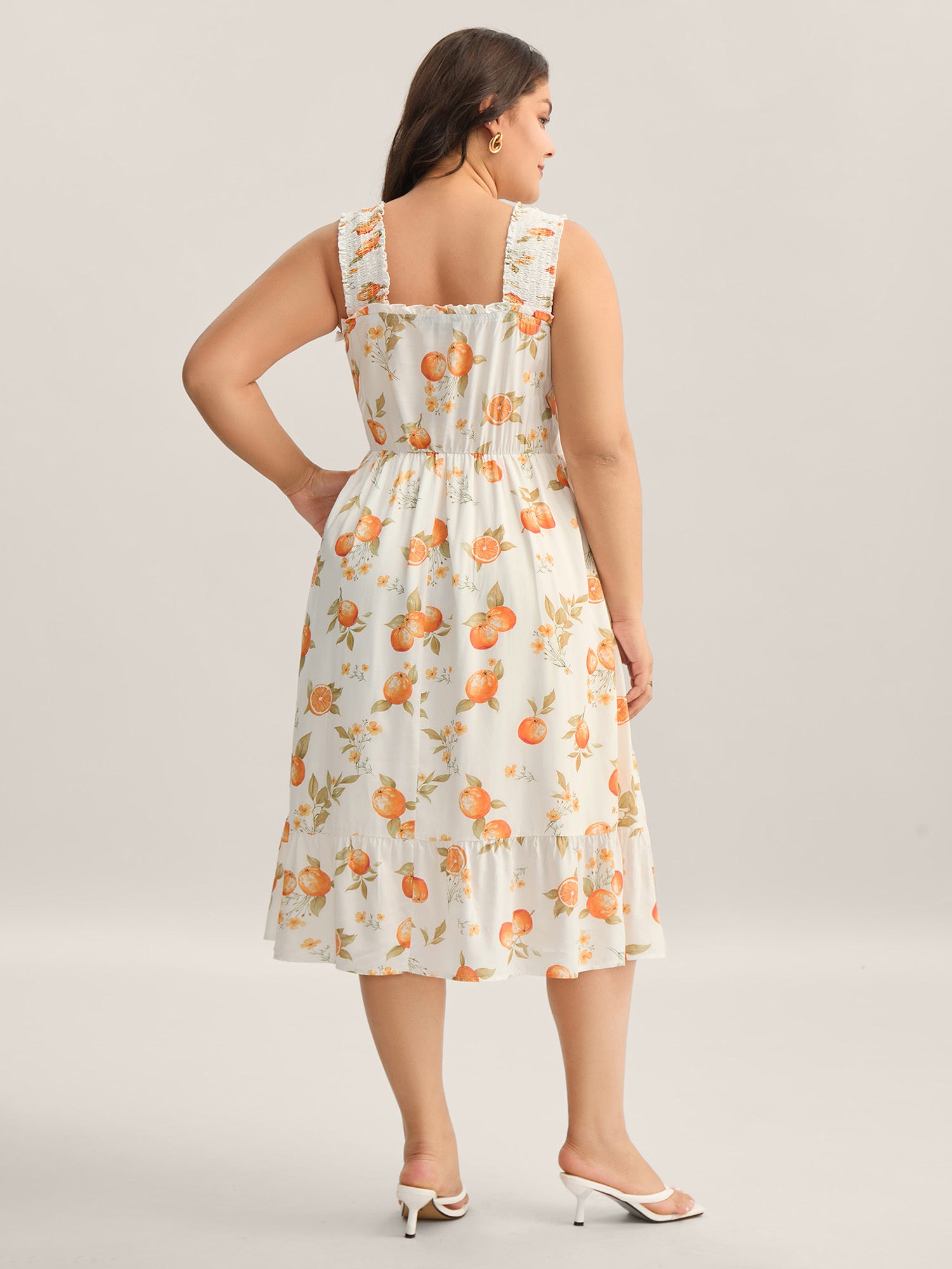 Citrus Print Shirred Pockets Midi Dress