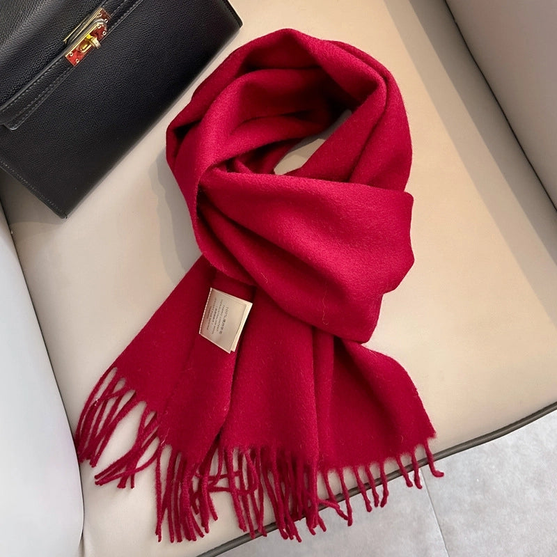 White Pure Wool Scarf Female Winter Student Warm Scarf New Versatile Tassel Narrow Scarf Couple