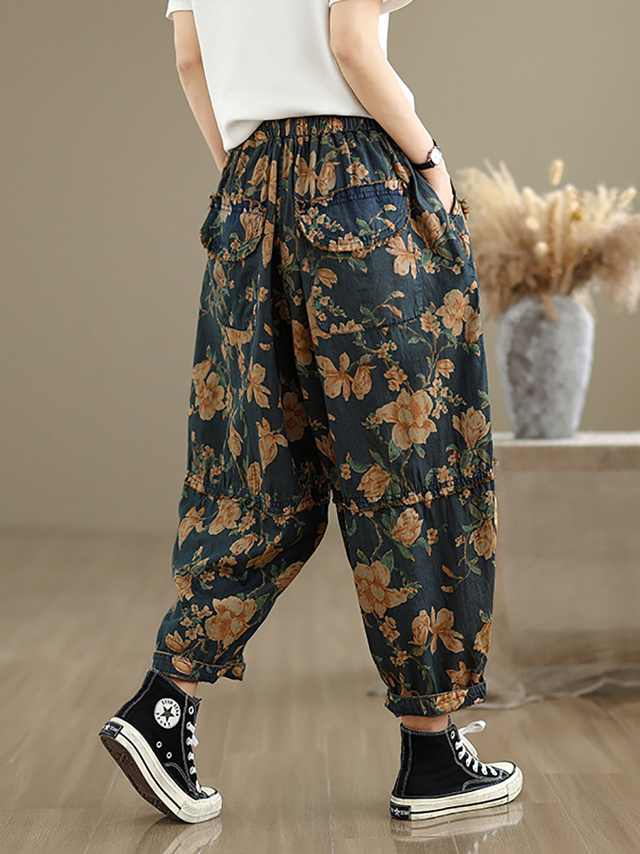 Women Retro Flower Spliced Denim Harem Pants