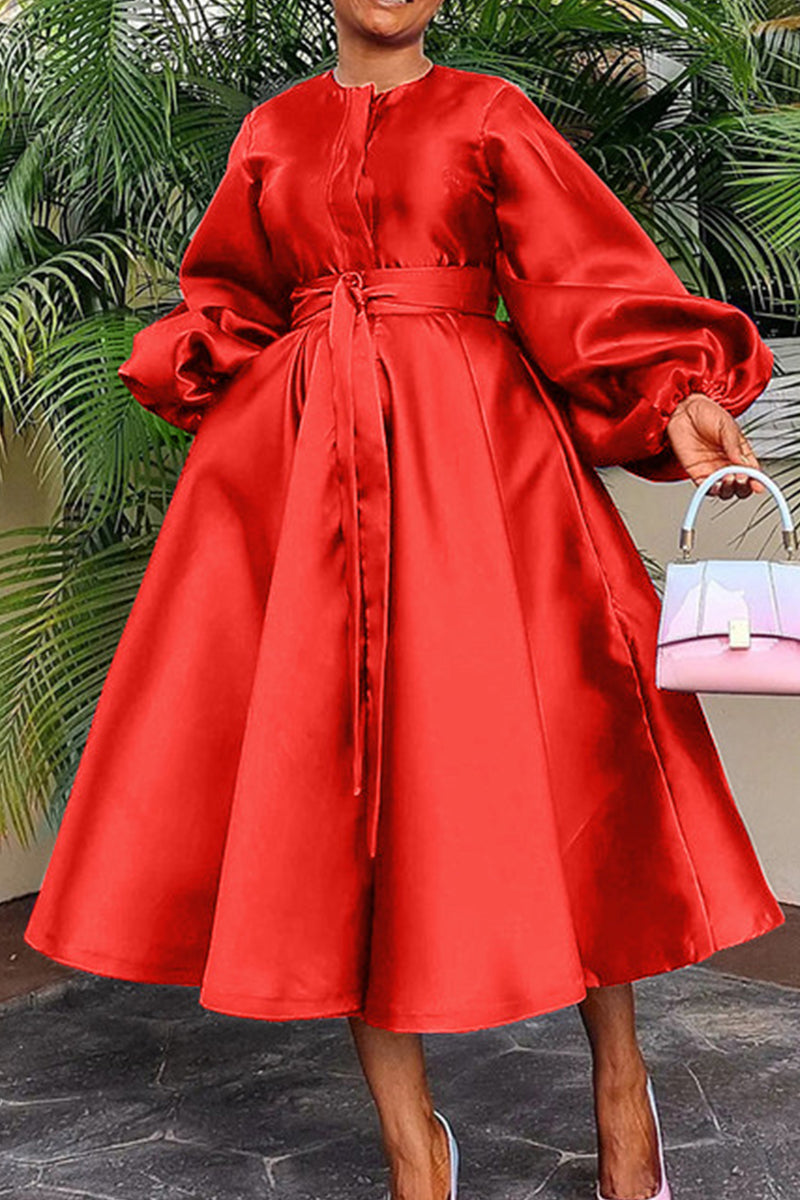 Casual Solid Bandage Patchwork Buckle O Neck Long Sleeve Dresses