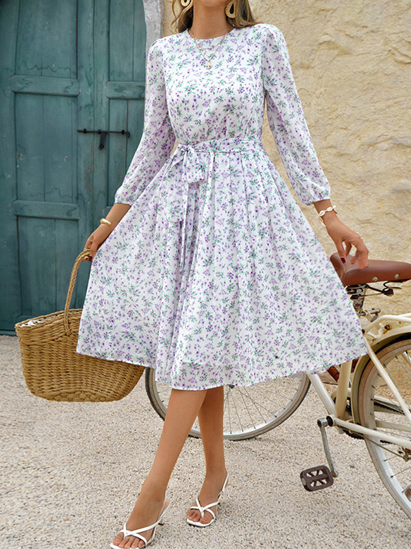 A-Line High Waisted Flower Print Tied Waist Round-Neck Midi Dresses