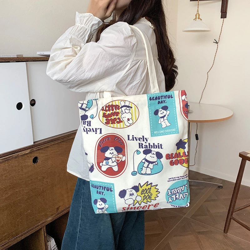 Women's Medium Canvas Cartoon Cute Square Zipper Shoulder Bag