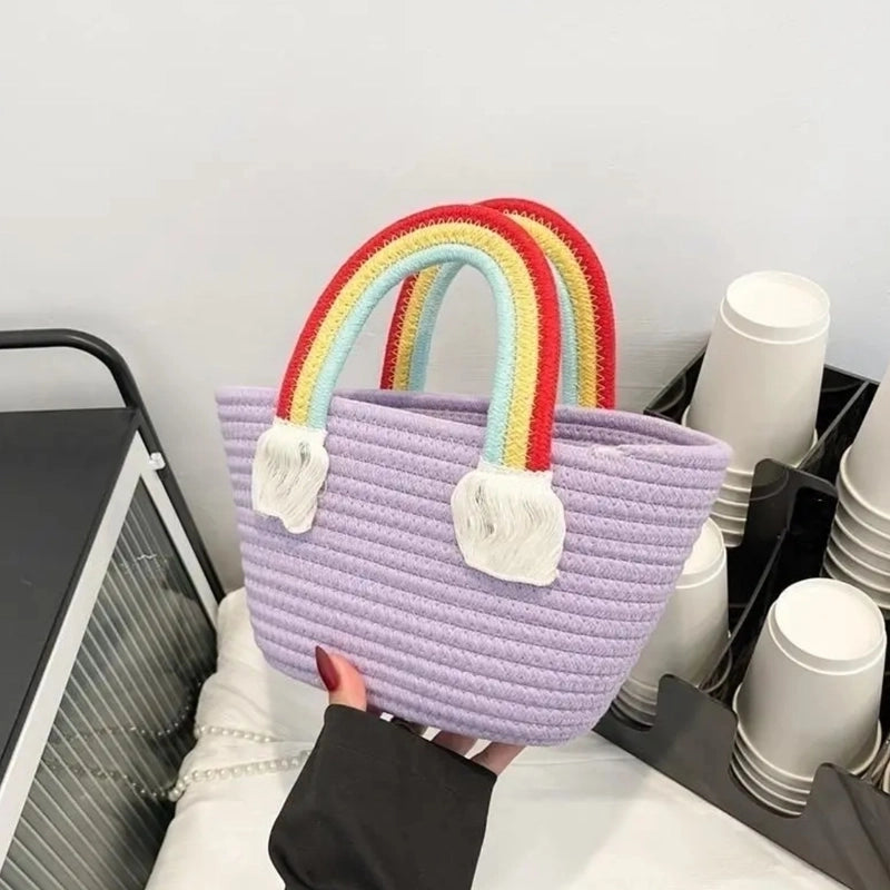 Women's Medium Cotton Rainbow Solid Color Vacation Beach Weave Bucket Open Straw Bag