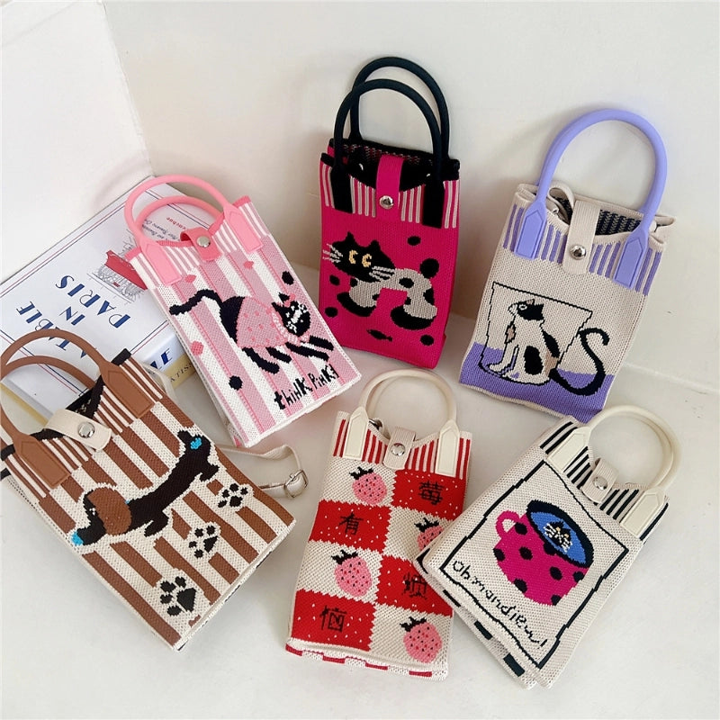 Women's Small Knit Cat Vintage Style Classic Style Bucket Buckle Handbag