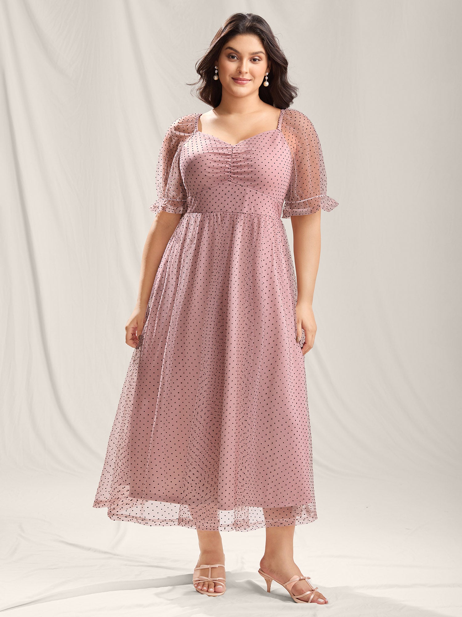 Polka Dot Print Ruched Textured Midi Dress