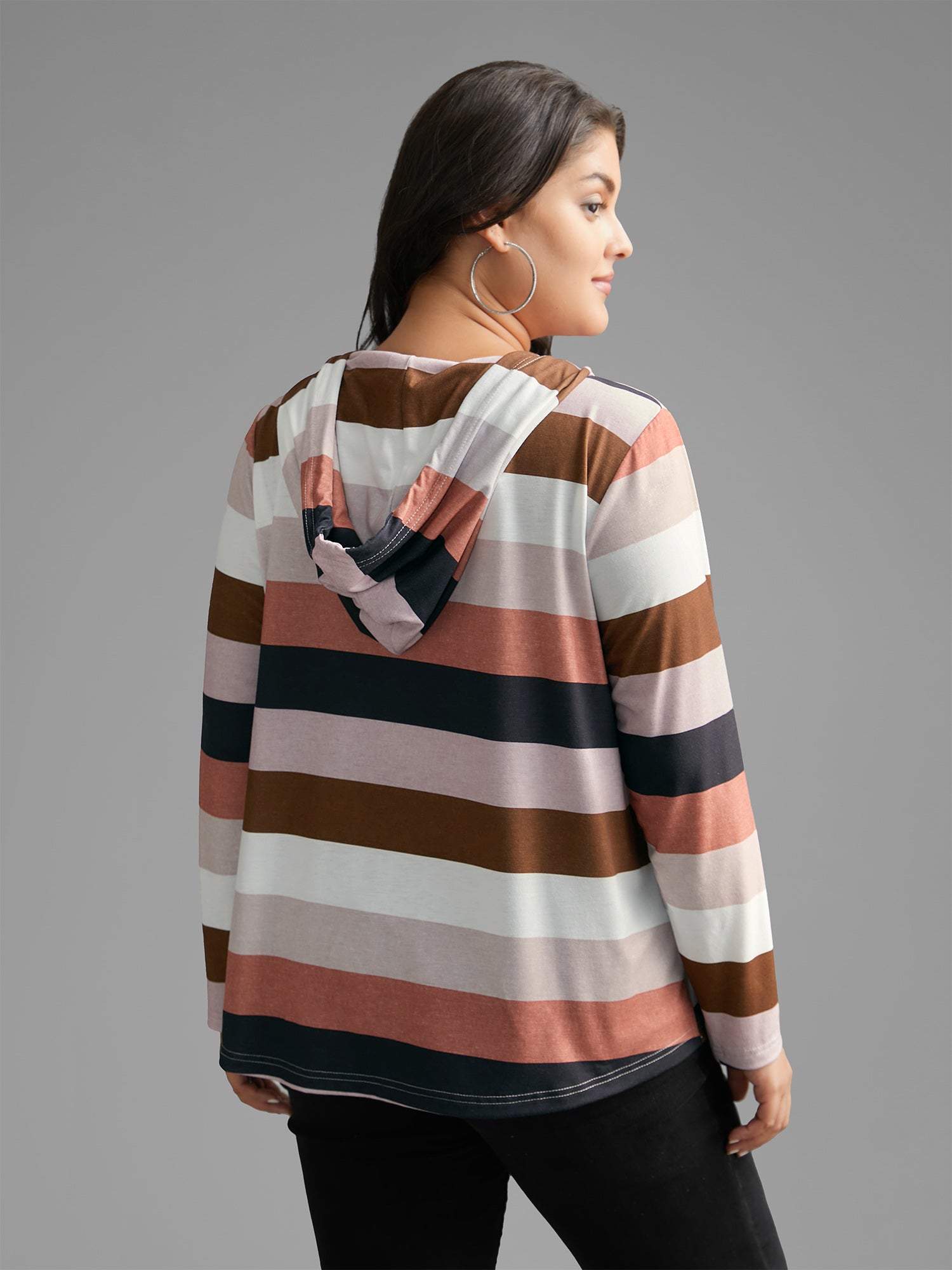 Contrast Striped Hooded Drawstring T-shirt