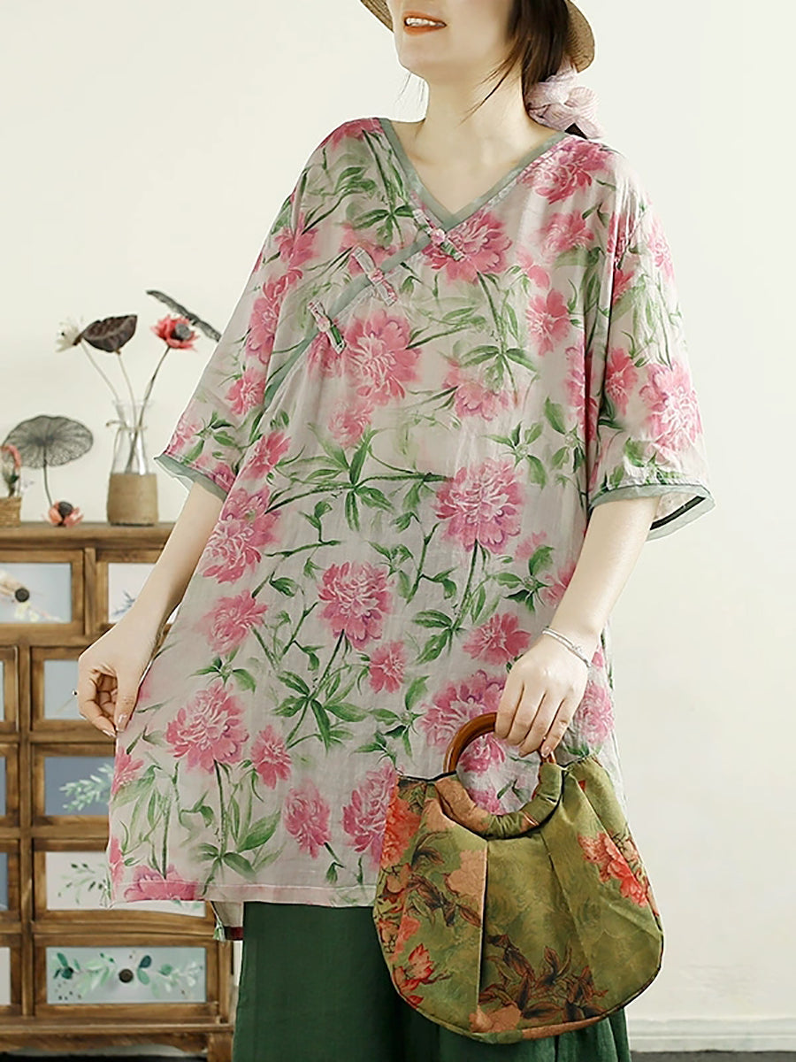 Women Summer Ethnic V-Neck Flower 100%Ramie Shirt
