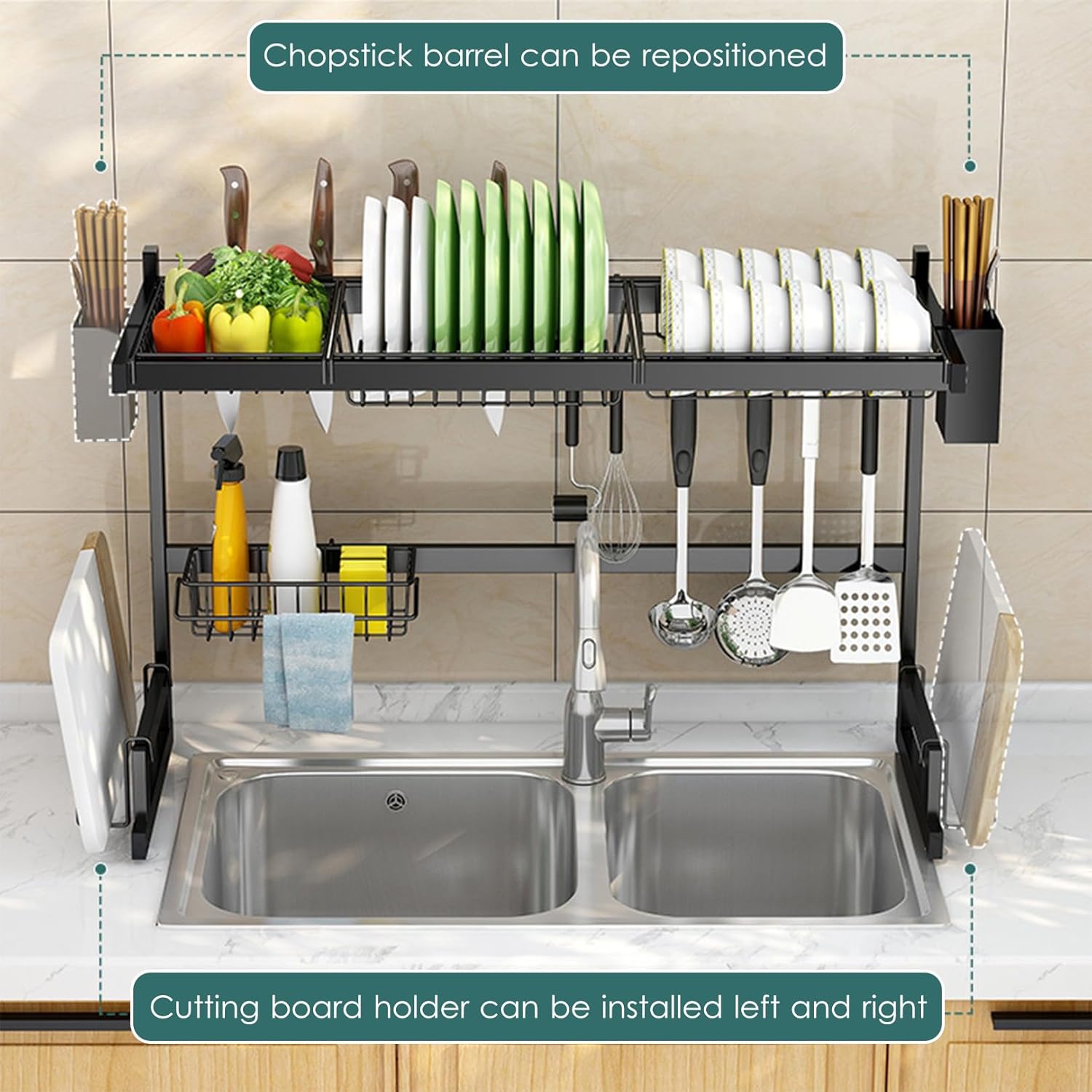 Kitchen Sink Rack- Double. Stainless Steel Over Sink Dish Drying Rack