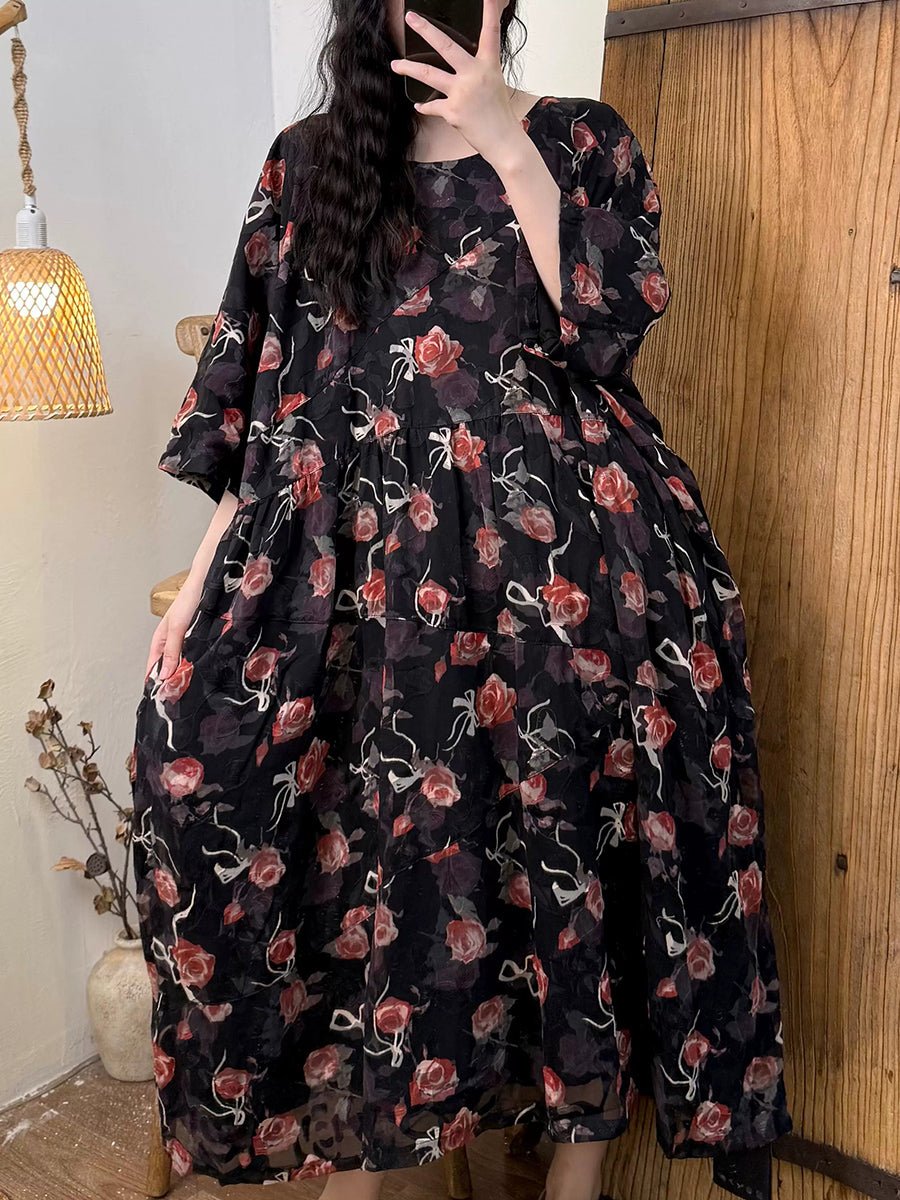 Women Summer Vintage Flower O-Neck Cotton Dress