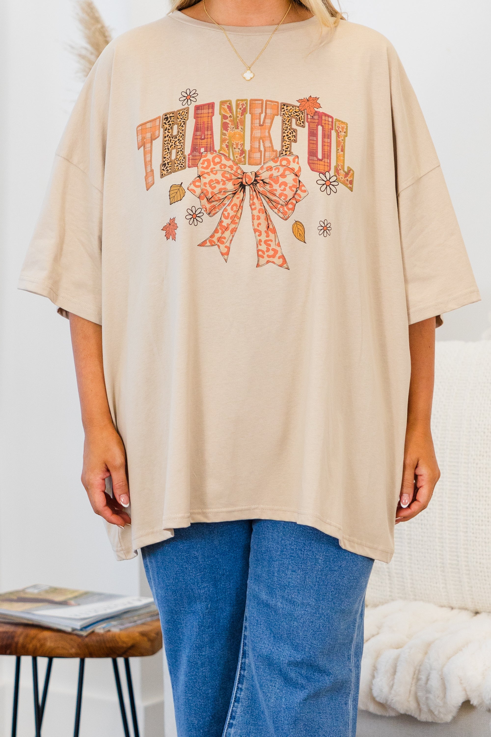 Thankful Time Boyfriend Tee. Light Mocha