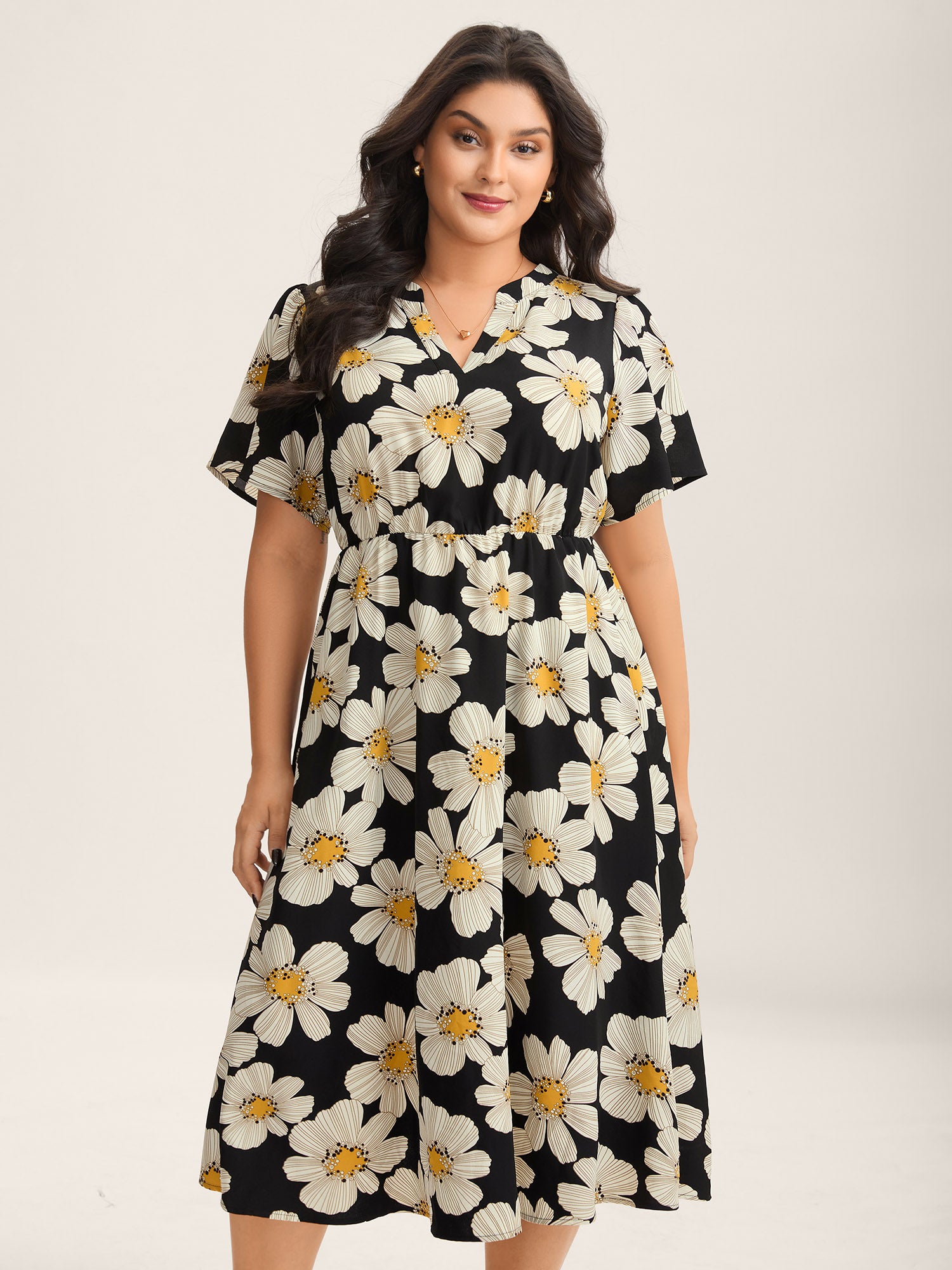 Large Floral Print Notched Collar Midi Dress