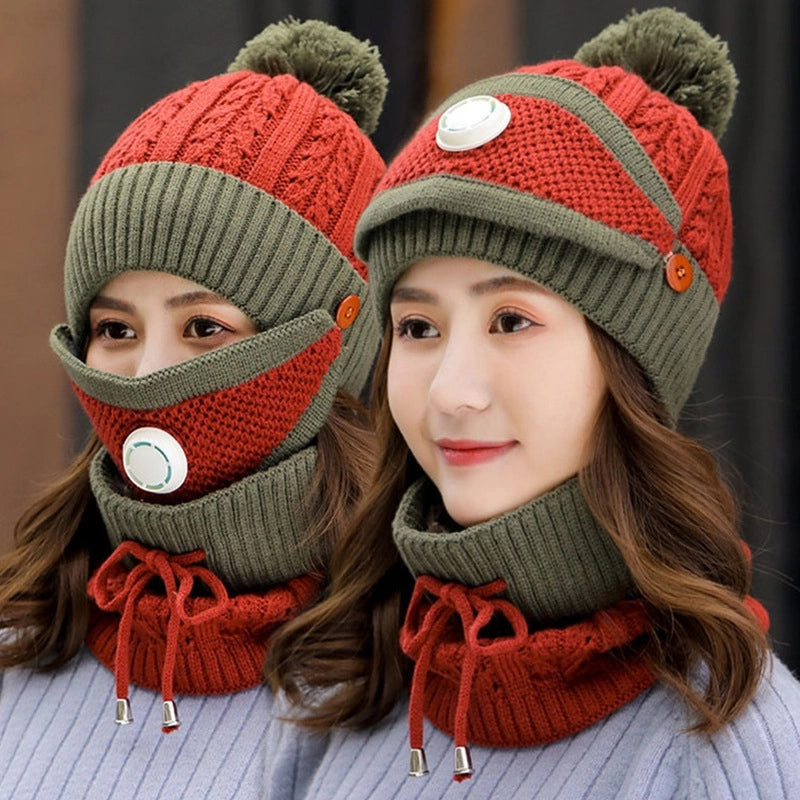 Women's Basic Minimalist Color Block Pom Poms Eaveless Wool Cap